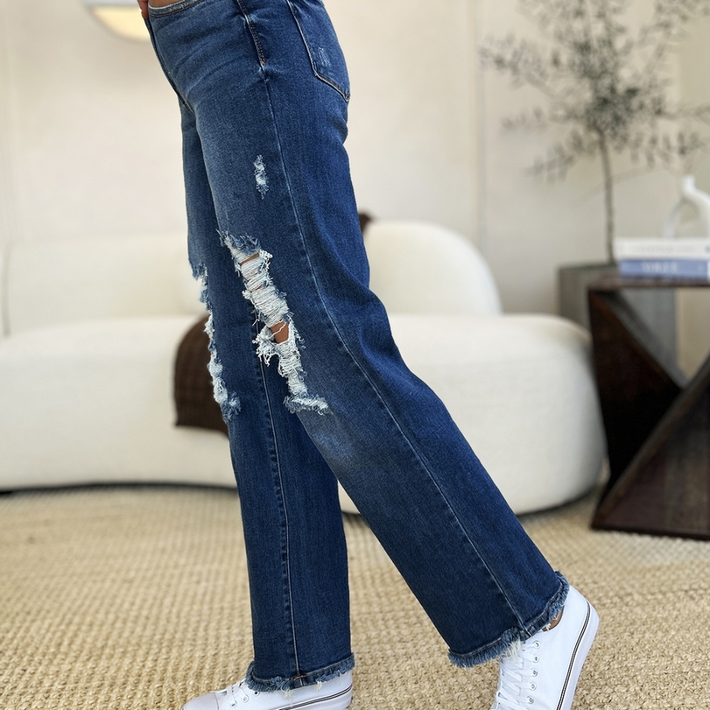 Mid-Rise Distressed Torn Mom Jeans Straight Leg Raw Hem Denim Pants Judy Blue - Picture 12 of 16